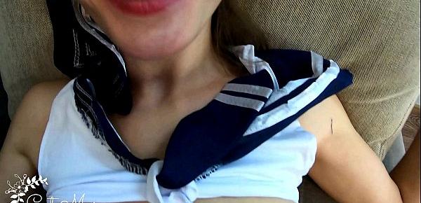  SCHOOLGIRL LET ME CUM ON HER BELLY - CUM EATING WITH A SPOON